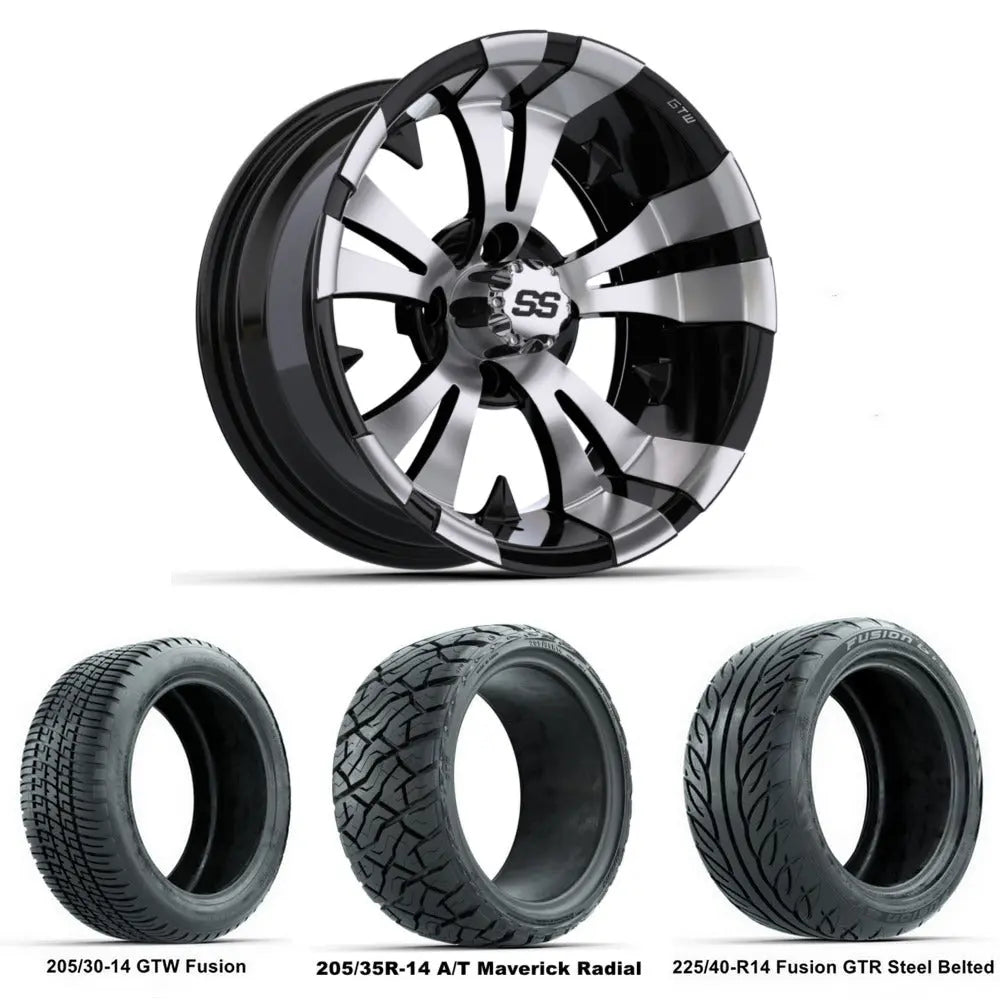 14" GTW Vampire Machined Black Wheels with Low Profile Golf Cart Tire