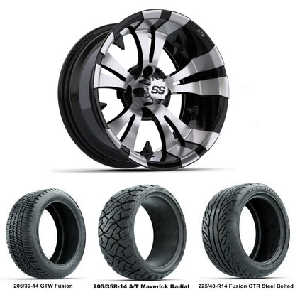 14" GTW Vampire Machined Black Wheels with Low Profile Golf Cart Tire