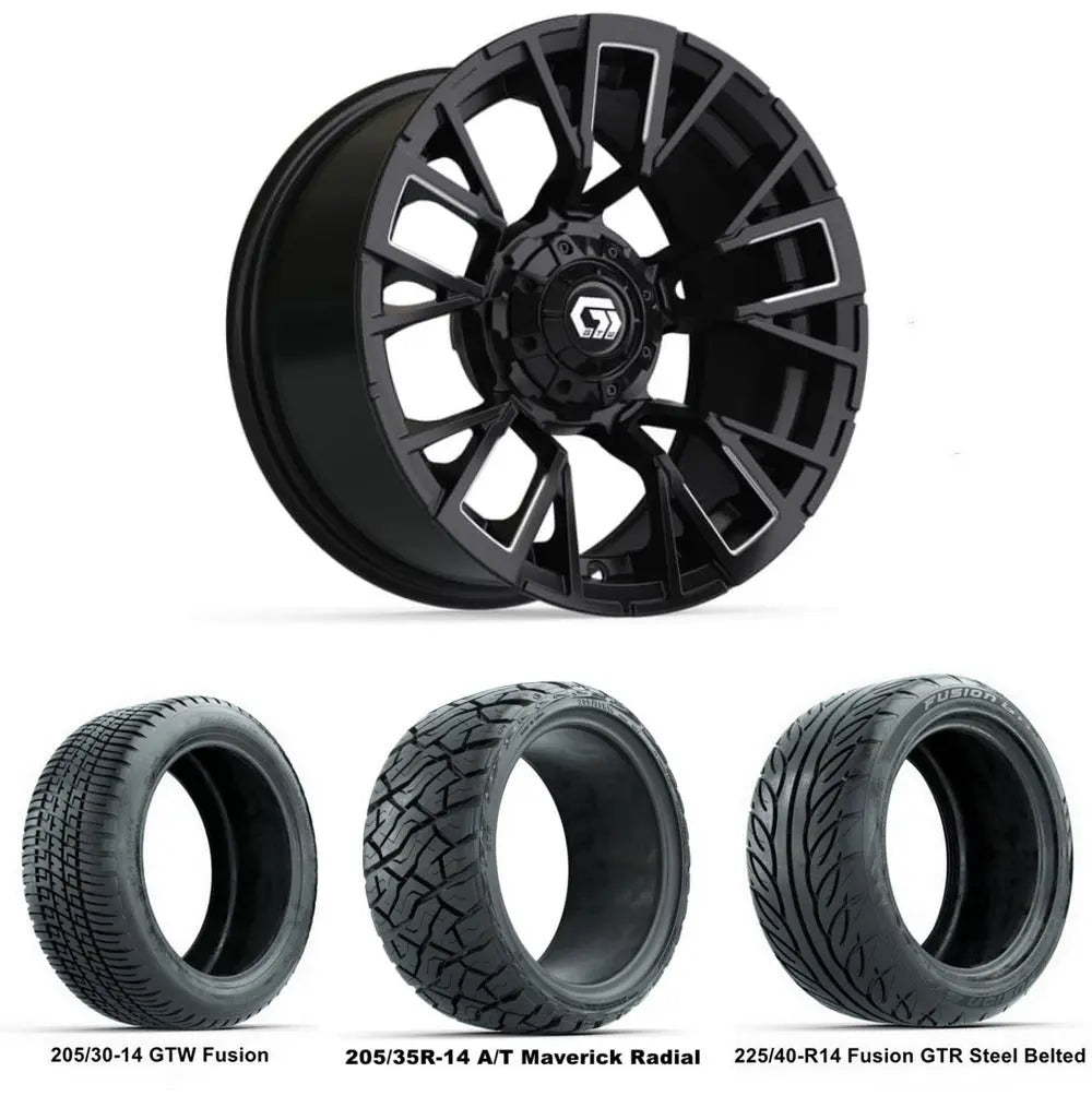 14" GTW Vandal Machined Black Wheels with Low Profile Golf Cart Tire