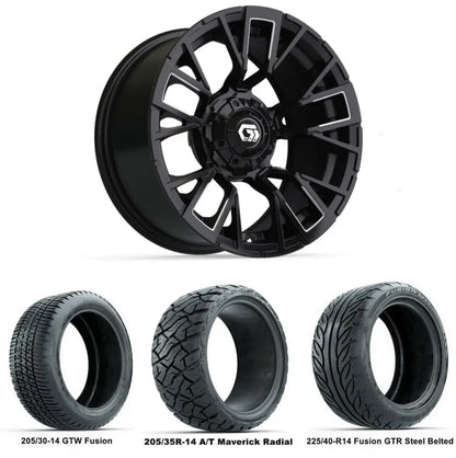 14" GTW Vandal Machined Black Wheels with Low Profile Golf Cart Tire