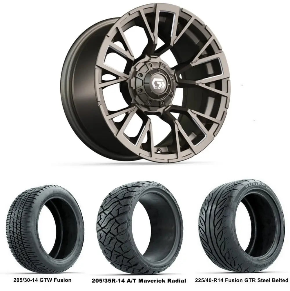 14" GTW Vandal Satin Bronze Wheels with Low Profile Golf Cart Tire