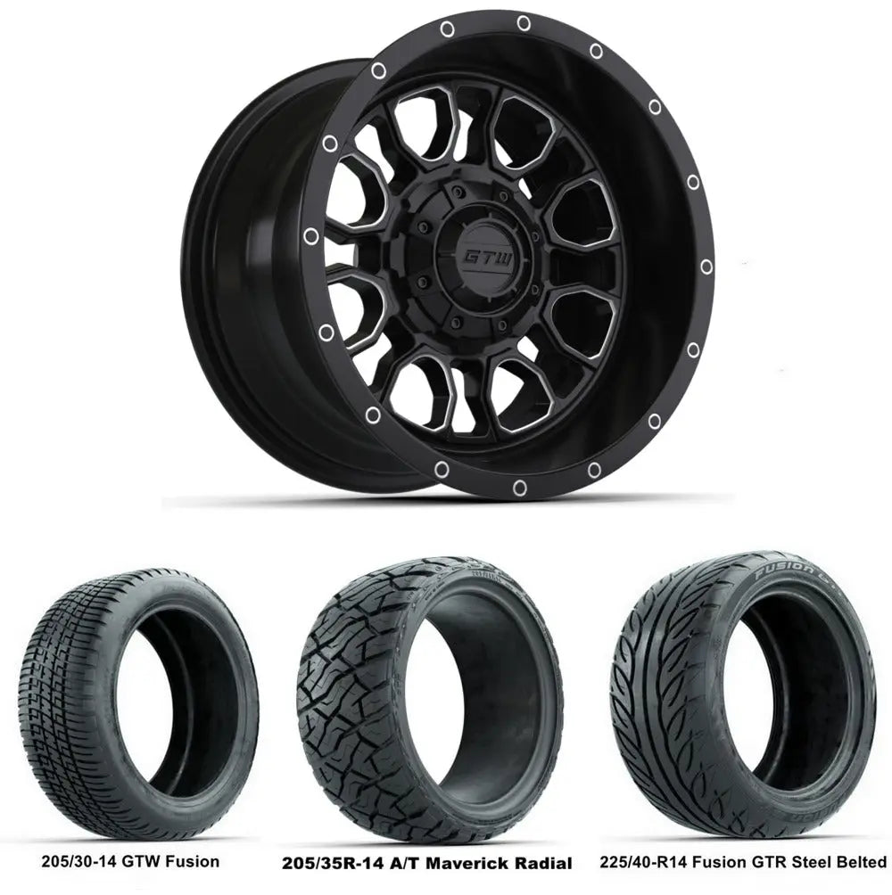 14" GTW Volt Machined Black Wheels with Low Profile Golf Cart Tire