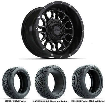 14" GTW Volt Machined Black Wheels with Low Profile Golf Cart Tire