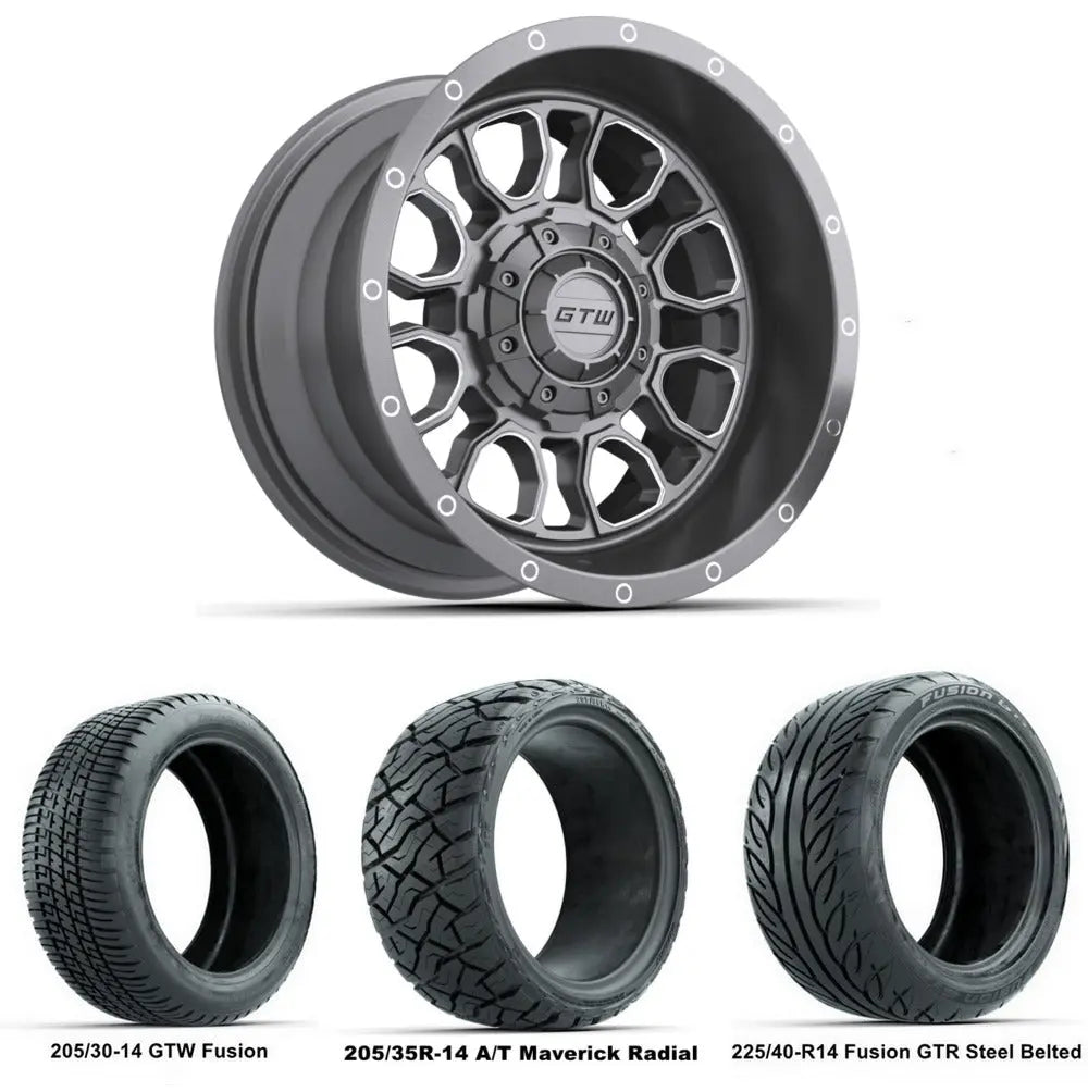 14" GTW Volt Gunmetal Wheels with Low Profile Golf Cart Tire
