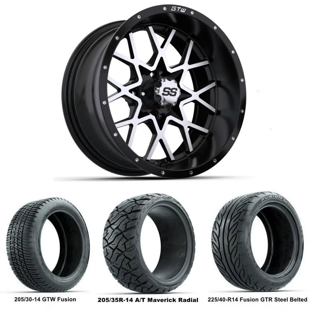 14" GTW Vortex Machined Black Wheels with Low Profile Golf Cart Tire