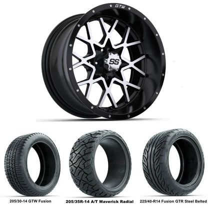 14" GTW Vortex Machined Black Wheels with Low Profile Golf Cart Tire