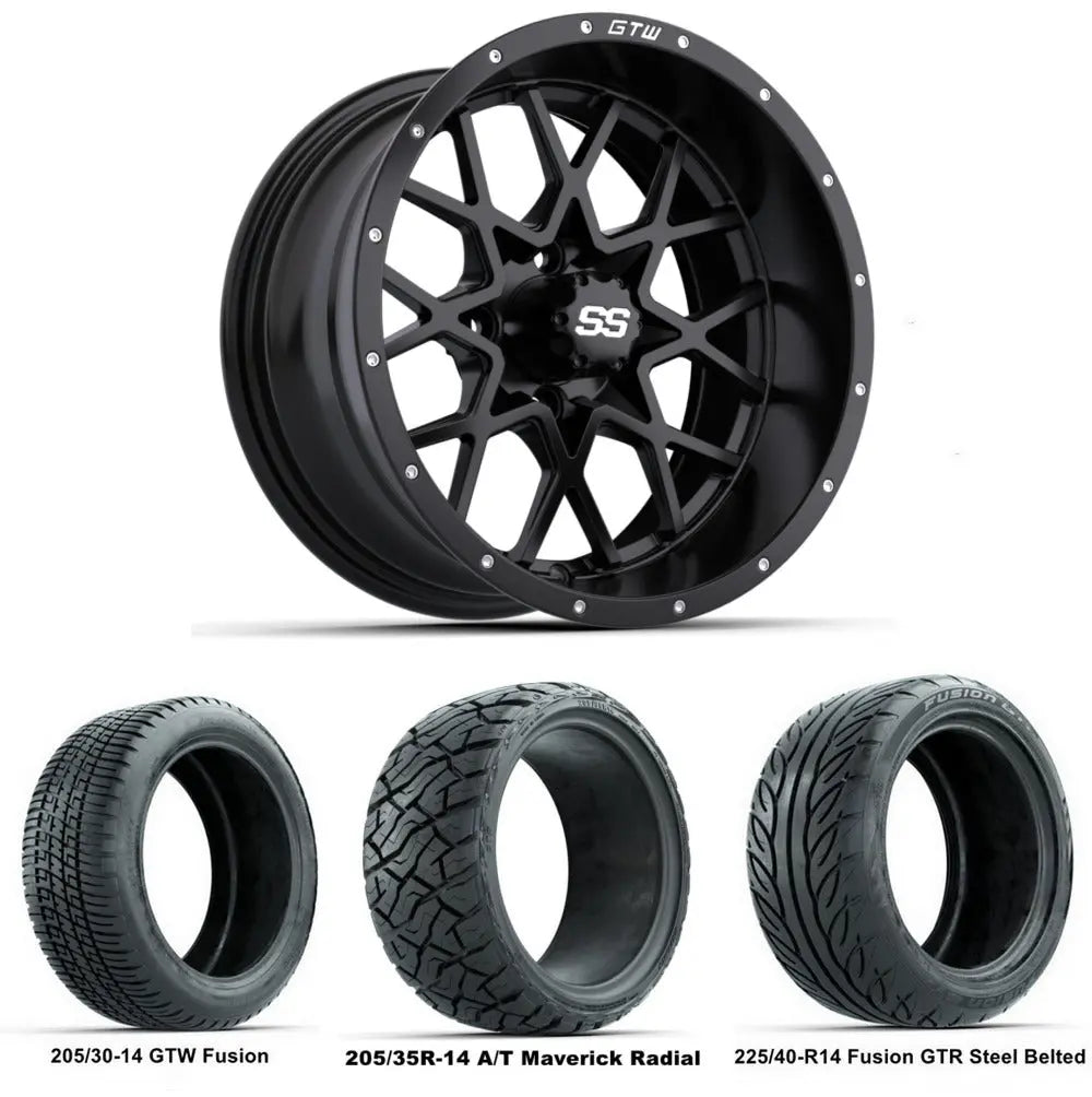 14" GTW Vortex Matte Black Wheels with Low Profile Golf Cart Tire