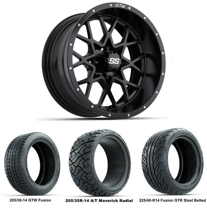 14" GTW Vortex Matte Black Wheels with Low Profile Golf Cart Tire