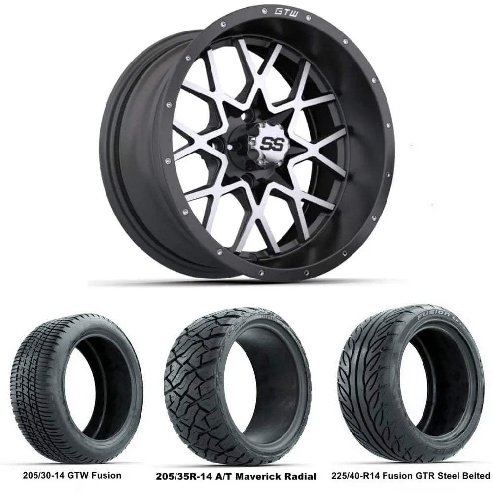 14" GTW Vortex Matte Grey Wheels with Low Profile Golf Cart Tire