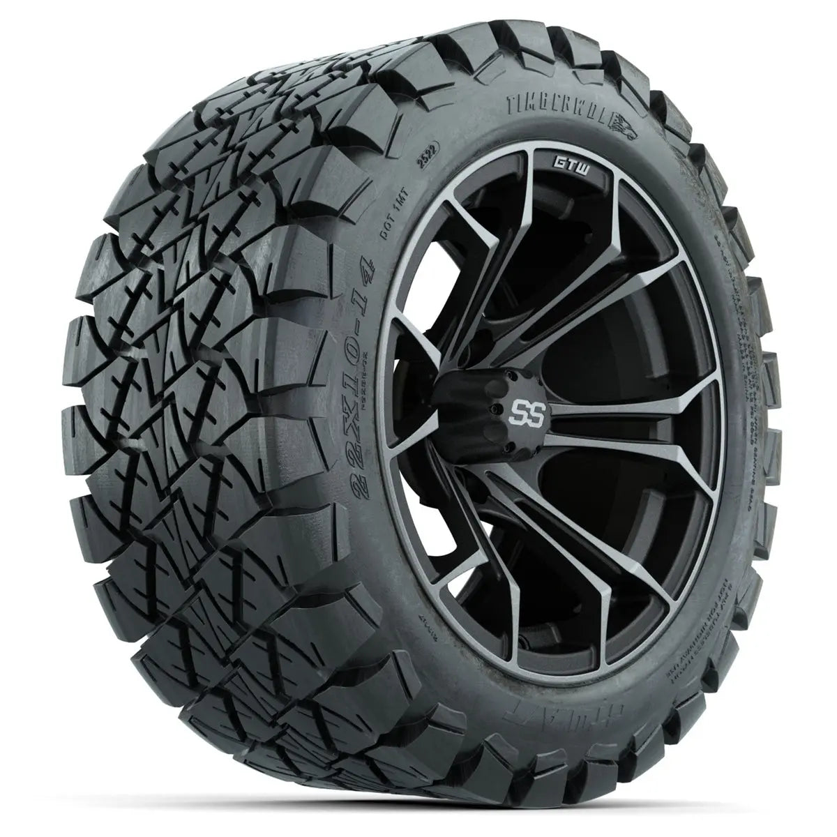 22x10-14 GTW Timberwolf All Terrain Tire mounted on 14x7 Spyder Matte Grey Wheel