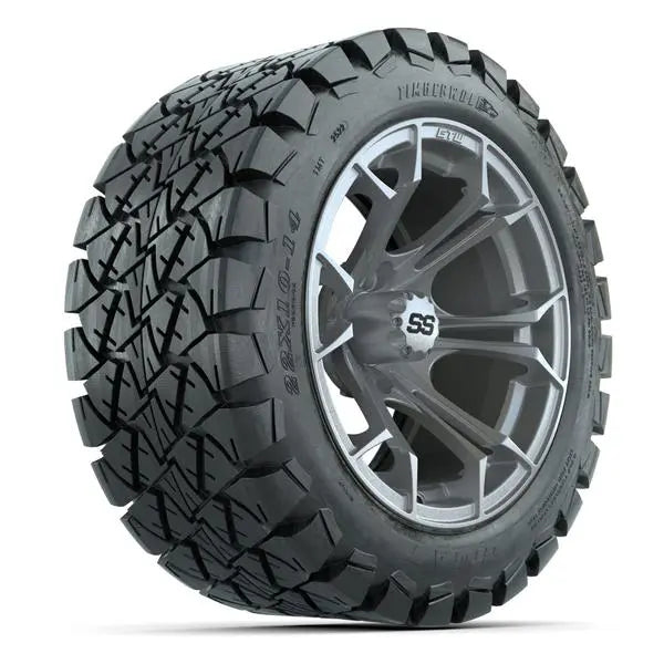 22x10-14 GTW Timberwolf All Terrain Tire mounted on 14x7 Spyder Silver Wheel