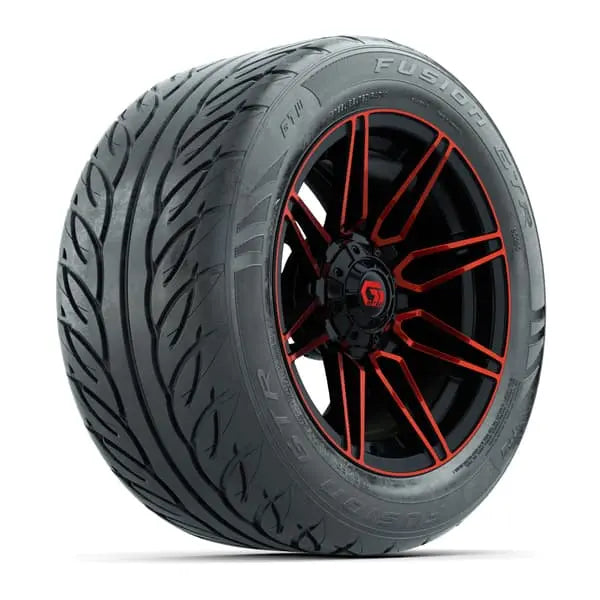 255/45 R14 Fusion GTR Street Tire mounted on 14x7 Stealth Red and Black Wheel