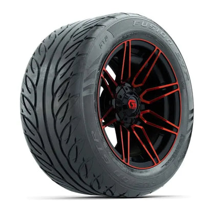 255/45 R14 Fusion GTR Street Tire mounted on 14x7 Stealth Red and Black Wheel