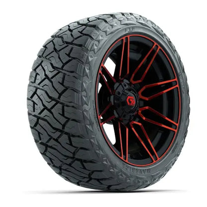23x10 R14 Maverick Radial All Terrain Tire mounted on 14x7 Stealth Red and Black Wheel