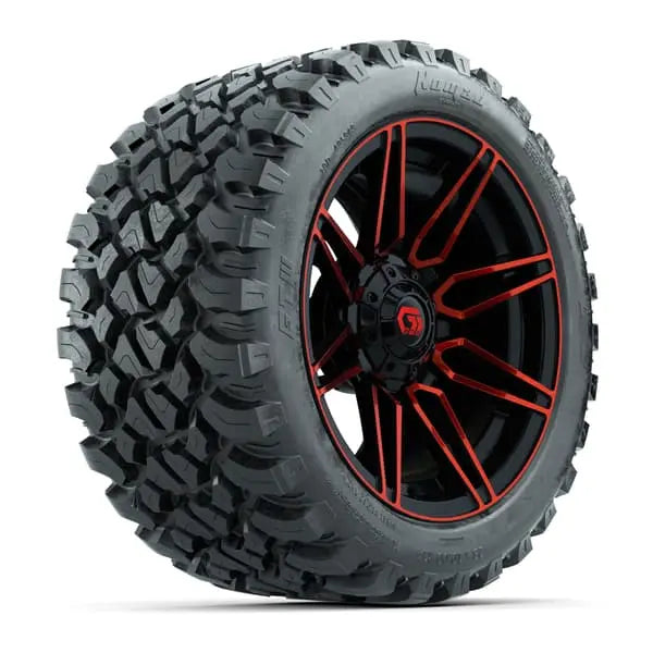 23x10 R14 Nomad Radial All Terrain Tire mounted on 14x7 Stealth Red and Black Wheel