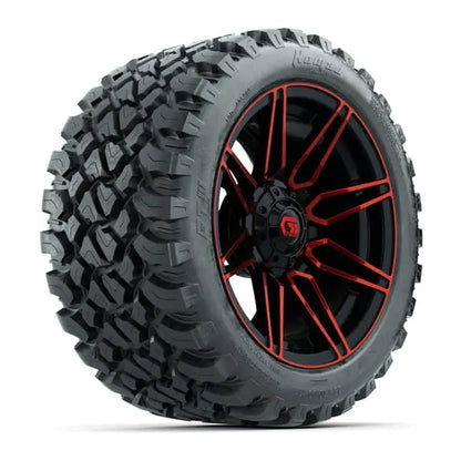 23x10 R14 Nomad Radial All Terrain Tire mounted on 14x7 Stealth Red and Black Wheel