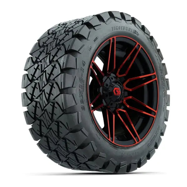 22x10 14" Timberwolf All Terrain Tire mounted on 14x7 Stealth Red and Black Wheel
