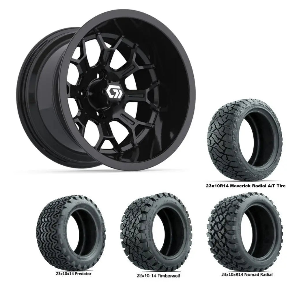 14" GTW Assault Wide Gloss Black Wheels with Lifted Golf Cart Tire