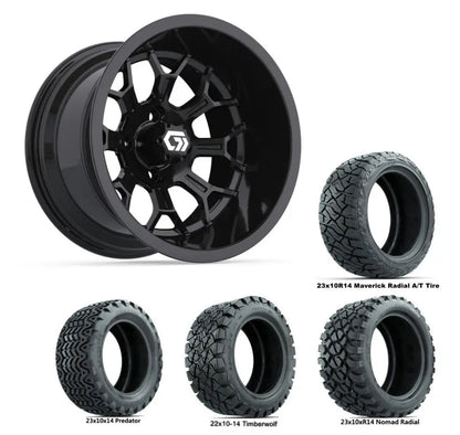 14" GTW Assault Wide Gloss Black Wheels with Lifted Golf Cart Tire