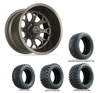 14" GTW Assault Wide Matte Bronze Wheels with Lifted Golf Cart Tire
