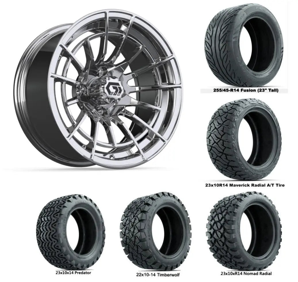14" GTW Boost Chrome Wheels with Lifted Golf Cart Tire