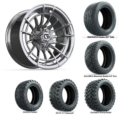 14" GTW Boost Chrome Wheels with Lifted Golf Cart Tire