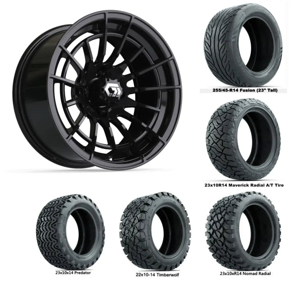 14" GTW Boost Gloss Black Wheels with Lifted Golf Cart Tire