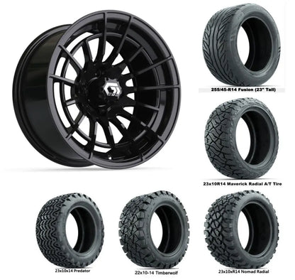 14" GTW Boost Gloss Black Wheels with Lifted Golf Cart Tire