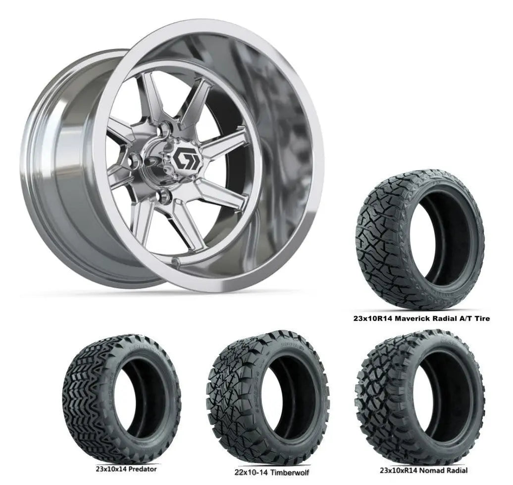 14" GTW Reaper Wide Chrome Wheels with Lifted Golf Cart Tire