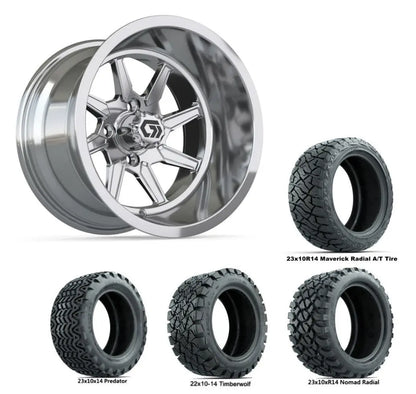 14" GTW Reaper Wide Chrome Wheels with Lifted Golf Cart Tire