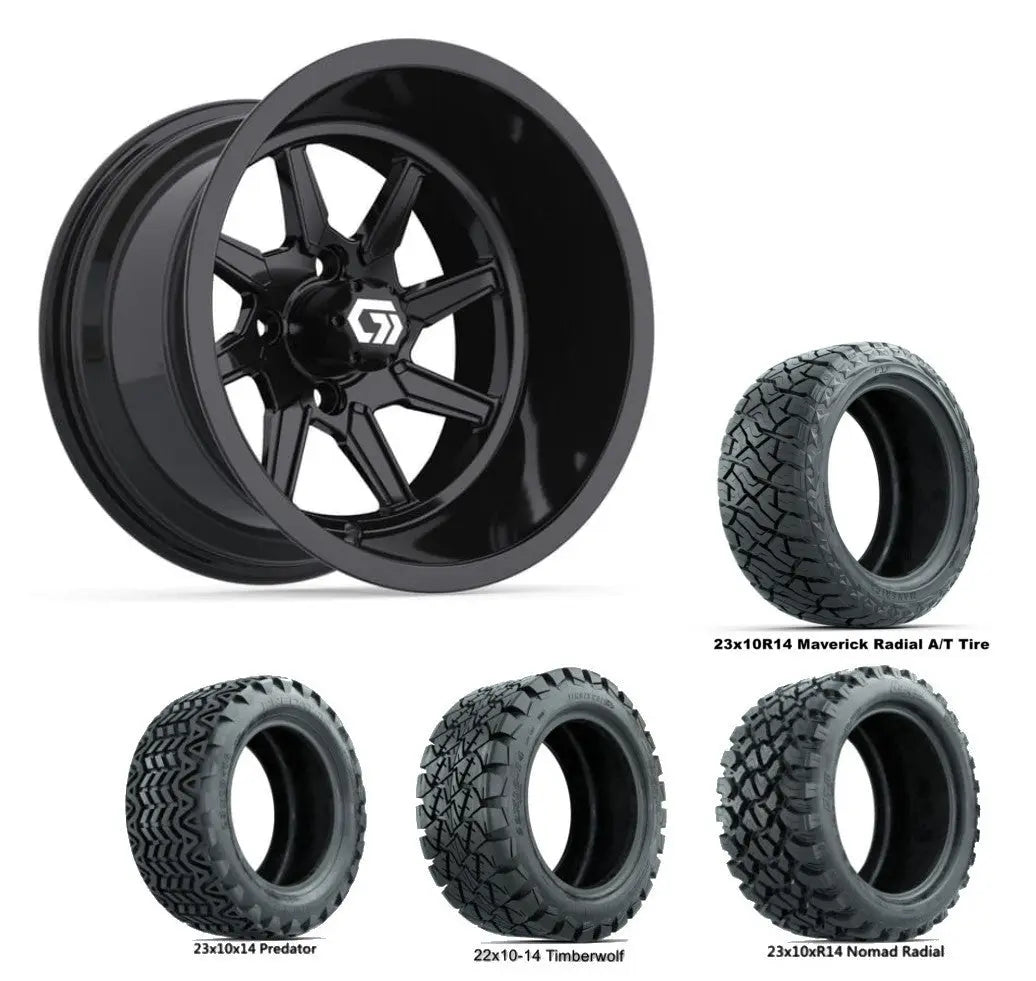 14" GTW Reaper Wide Gloss Black Wheels with Lifted Golf Cart Tire