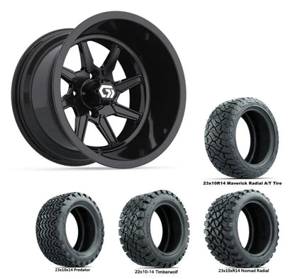 14" GTW Reaper Wide Gloss Black Wheels with Lifted Golf Cart Tire