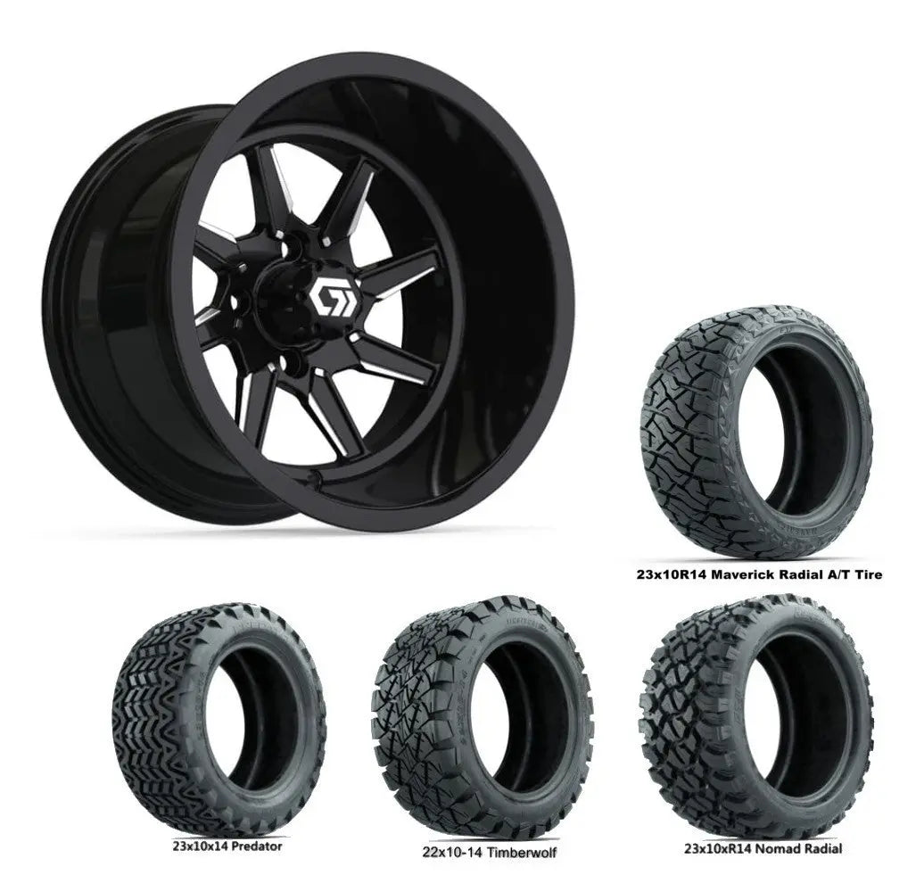 14" GTW Reaper Wide Machined Black Wheels with Lifted Golf Cart Tire