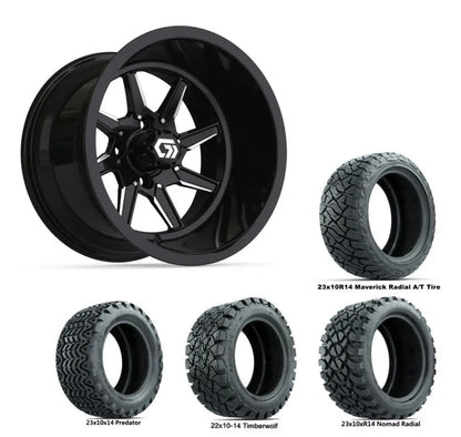 14" GTW Reaper Wide Machined Black Wheels with Lifted Golf Cart Tire