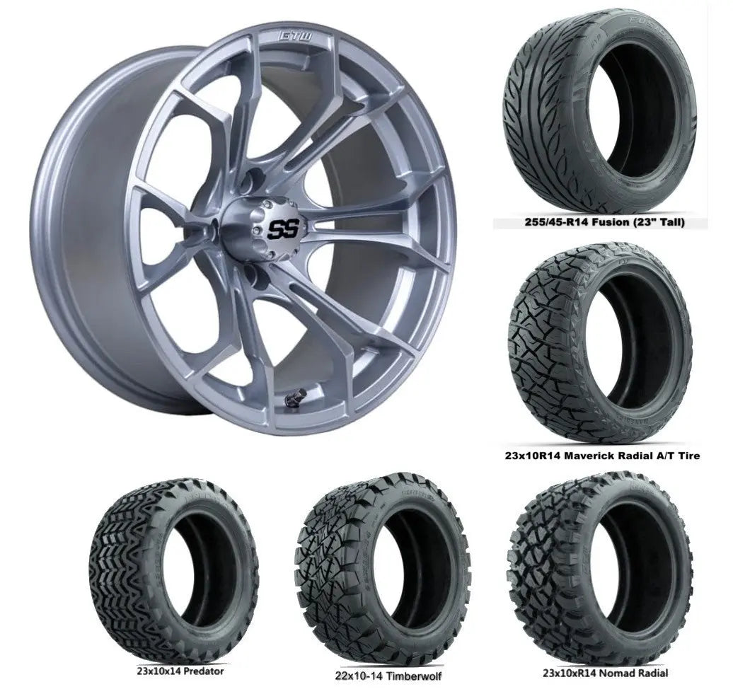 14" GTW Spyder Matte Silver Wheels with Lifted Golf Cart Tires