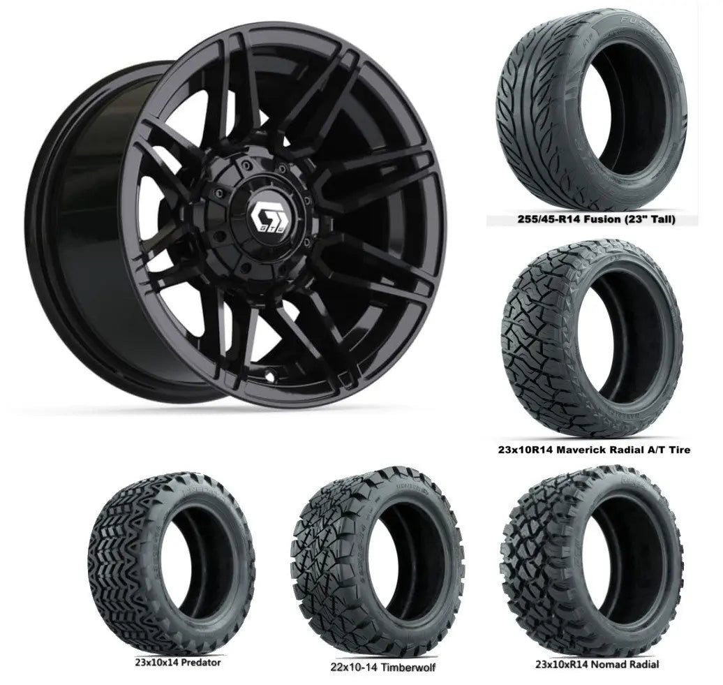 14" GTW Stealth Gloss Black Wheels with Lifted Golf Cart Tire
