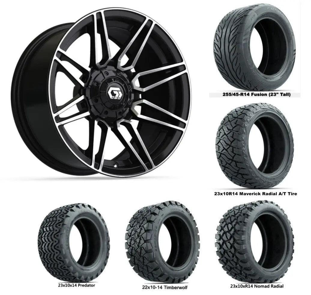 14" GTW Stealth Machined Black Wheels with Lifted Golf Cart Tire