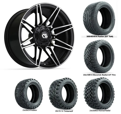 14" GTW Stealth Machined Black Wheels with Lifted Golf Cart Tire