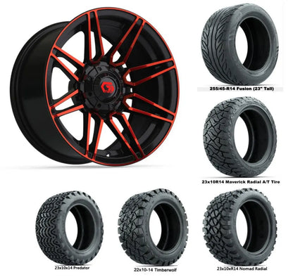 14" GTW Stealth Red and Black Wheels with Lifted Golf Cart Tire