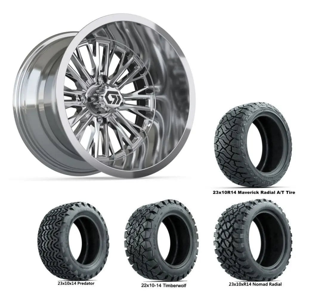 14" GTW Viper Wide Chrome Wheels with Lifted Golf Cart Tire