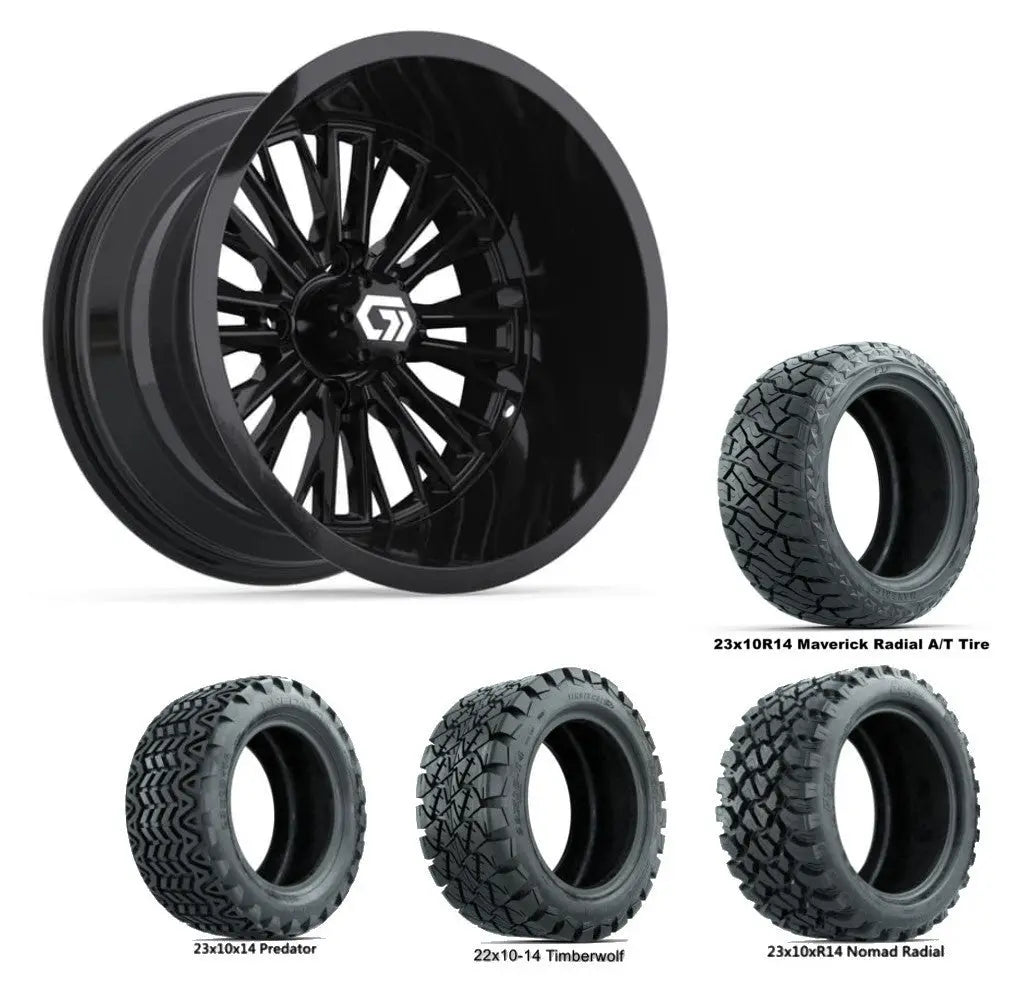14" GTW Viper Wide Gloss Black Wheels with Lifted Golf Cart Tire