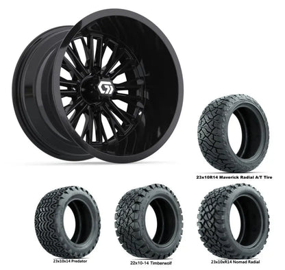 14" GTW Viper Wide Gloss Black Wheels with Lifted Golf Cart Tire