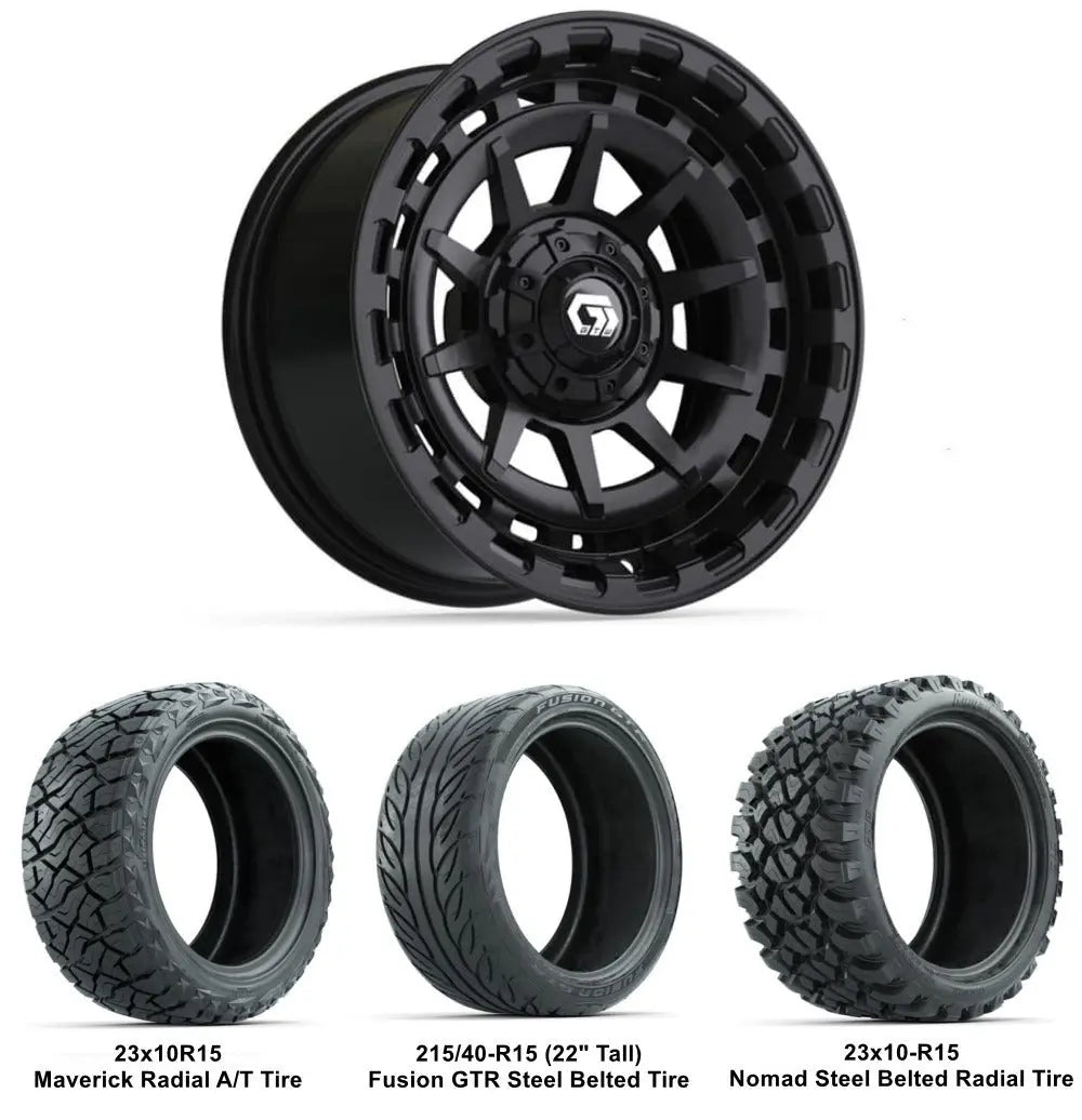 15" GTW Barricade Gloss Black Wheels with Lifted Tire Combo
