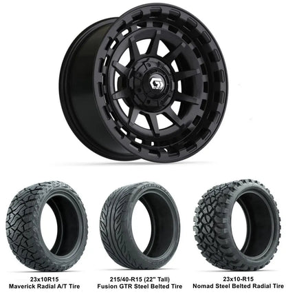 15" GTW Barricade Gloss Black Wheels with Lifted Tire Combo