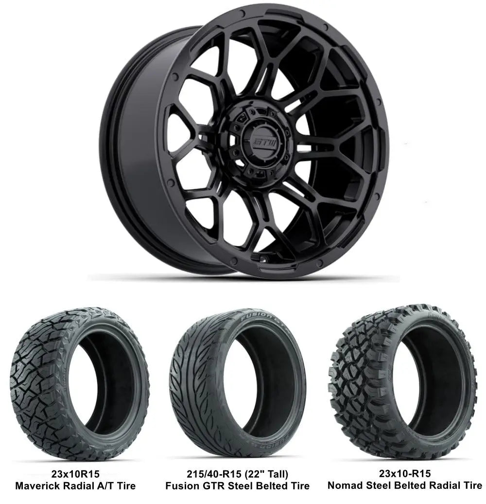 15" GTW Bravo Matte Black Wheels with Lifted Tire Combo