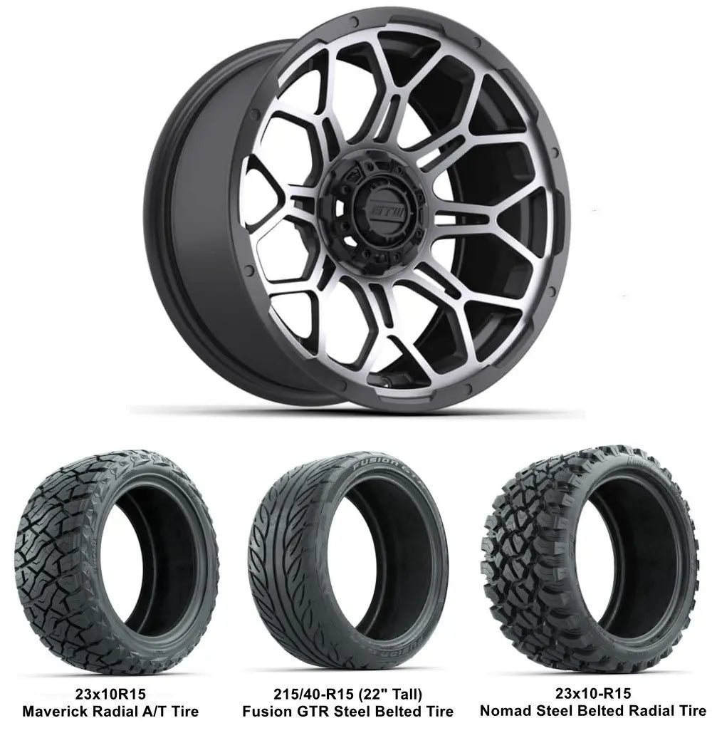 15" GTW Bravo Matte Grey Wheels with Lifted Tire Combo