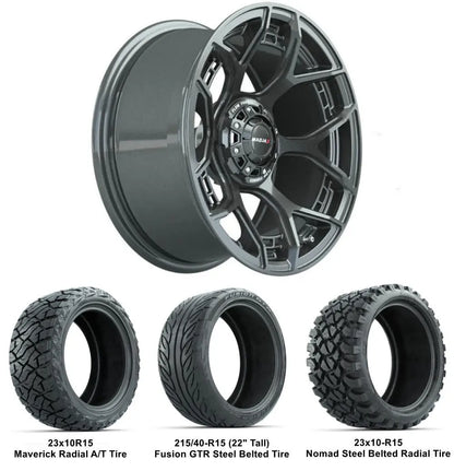 15" MadJax Evolution Gunmetal Wheels with Lifted Tire Combo