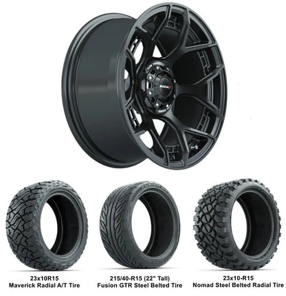 15" MadJax Evolution Matte Black Wheels with Lifted Tire Combo