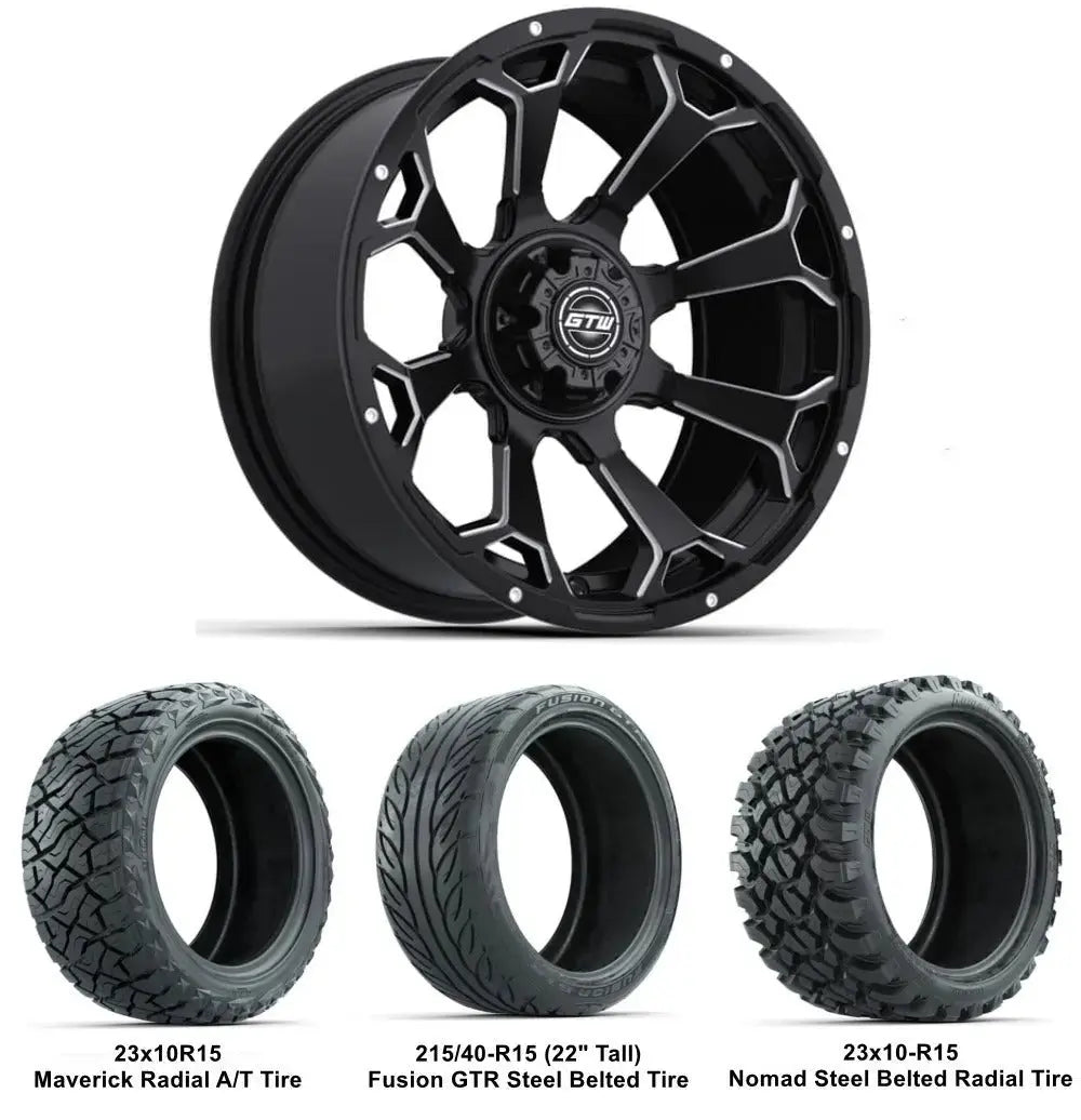 15" GTW Raven Machined and Black Wheel with Lifted Golf Cart Tires