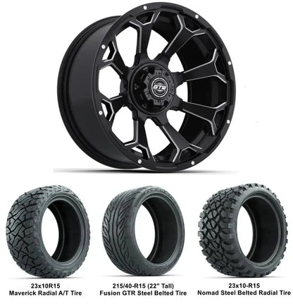 15" GTW Raven Machined and Black Wheel with Lifted Golf Cart Tires
